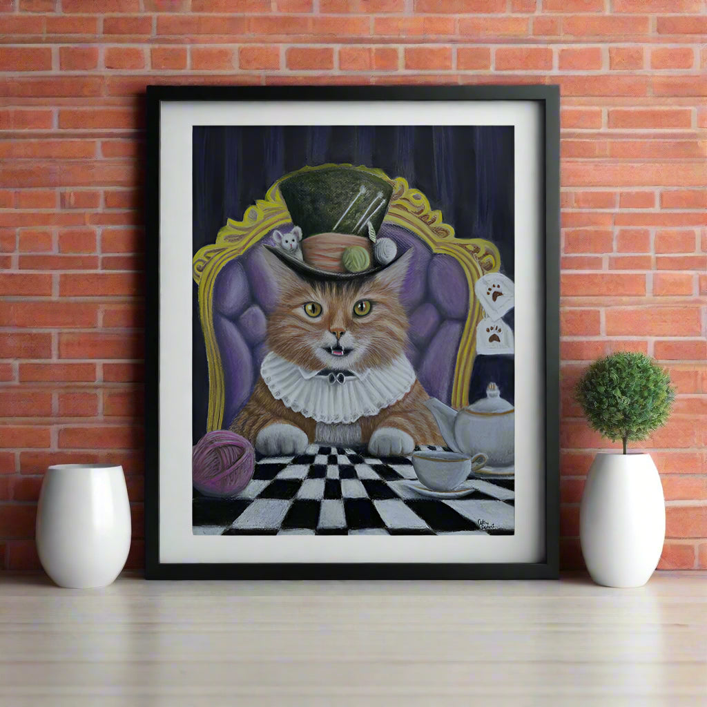 Giclée Print - Tea with Tom - Whimsical Cat in a Top Hat Wall Art by Cathy Dement