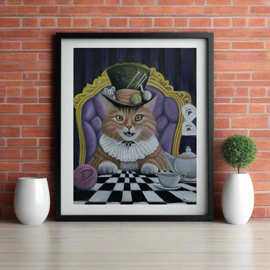 Giclée Print - Tea with Tom - Whimsical Cat in a Top Hat Wall Art by Cathy Dement