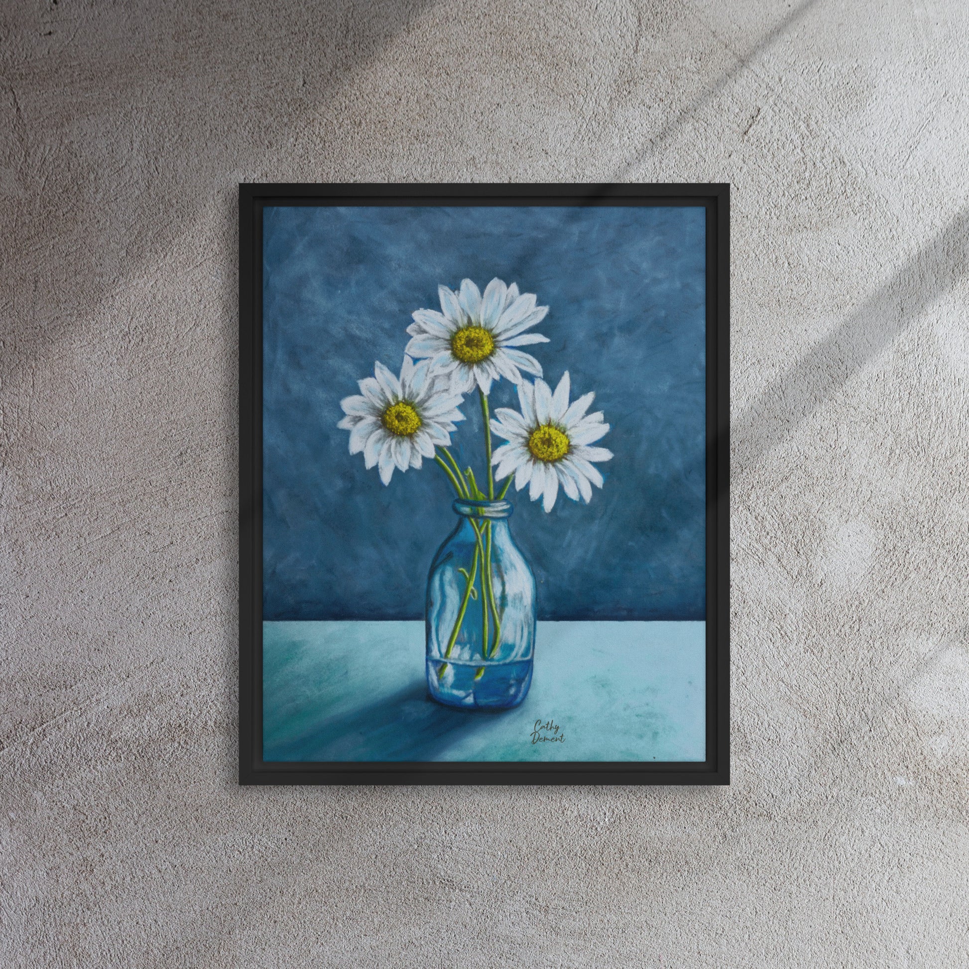 Framed Canvas Print - Verdant Reflections - Colorful Daisy Flower Artwork by Cathy Dement