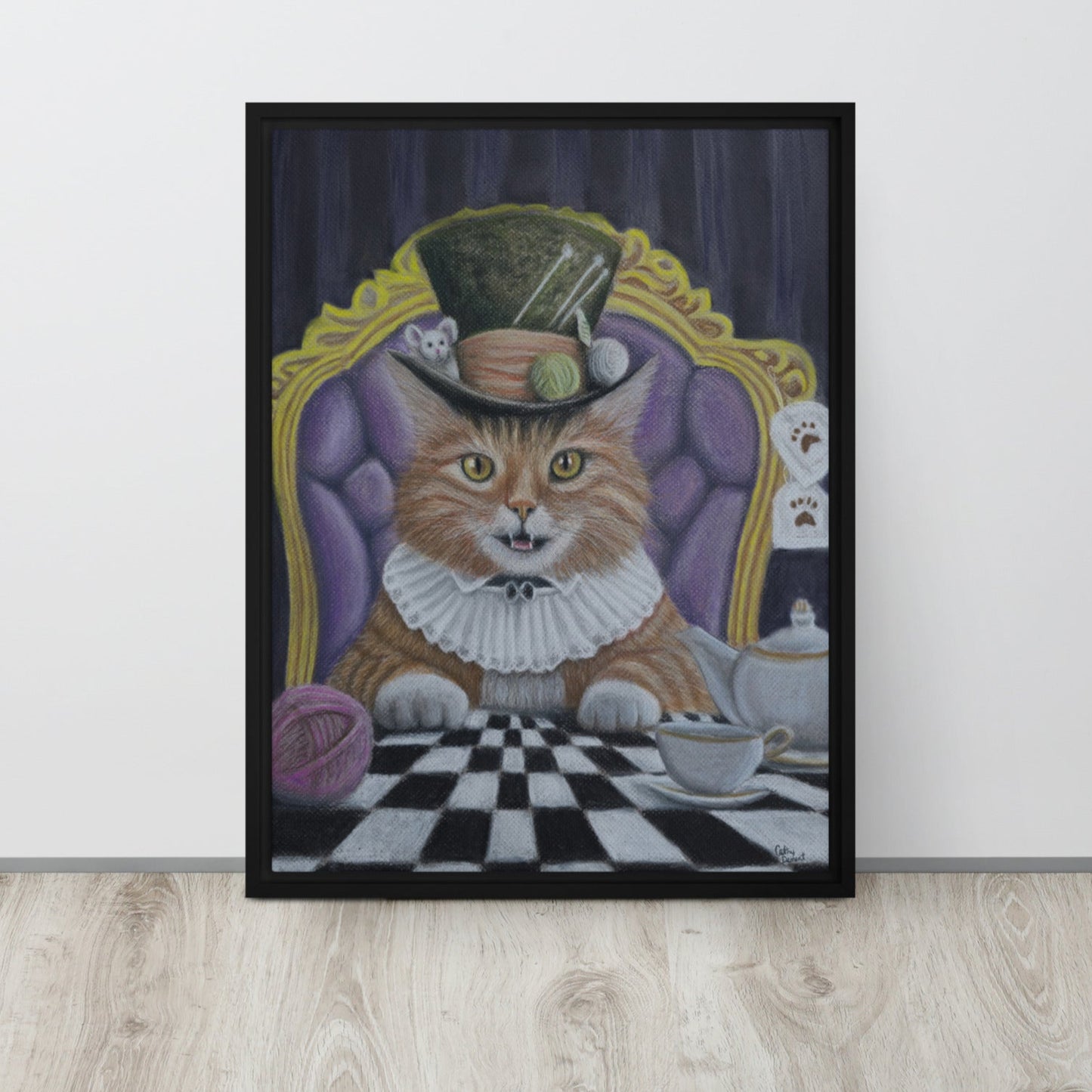 Framed Canvas Print - Tea With Tom - Whimsical Ginger Cat in Hat Artwork by Cathy Dement