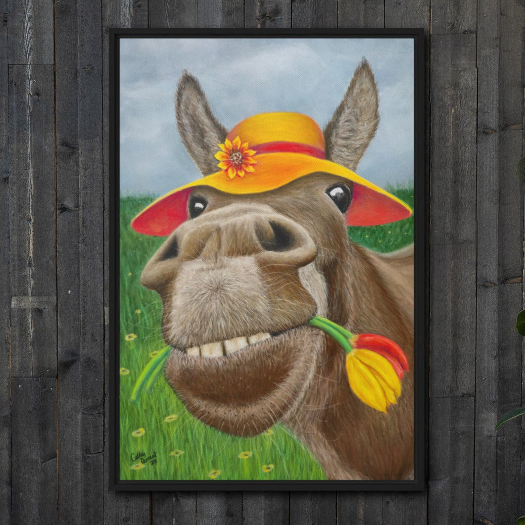 Framed Canvas Print - The Tulip Thief - Whimsical Donkey in Floppy Yellow Hat Artwork by Cathy Dement