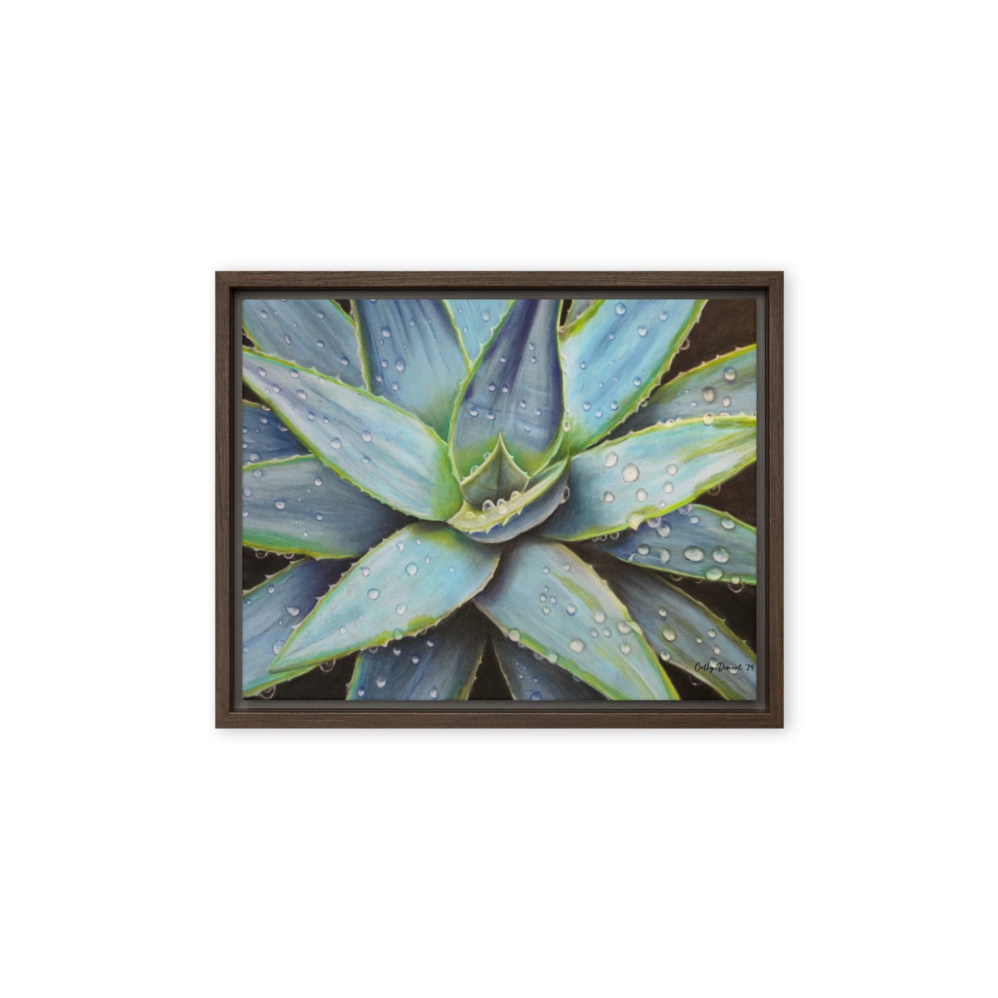Framed Canvas Print - Desert Jewel , Vibrant Agave Plant with Dew Drops, Wall Art by Cathy Dement | 3 Frame Colors to Choose From