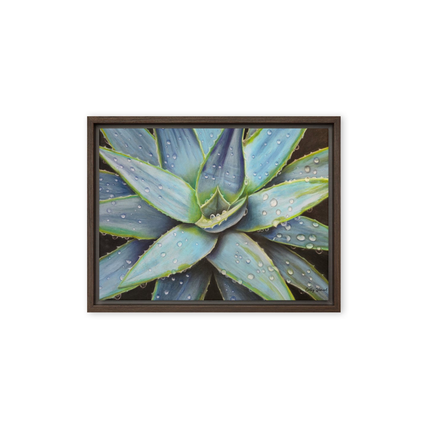 Framed Canvas Print - Desert Jewel , Vibrant Agave Plant with Dew Drops, Wall Art by Cathy Dement | 3 Frame Colors to Choose From
