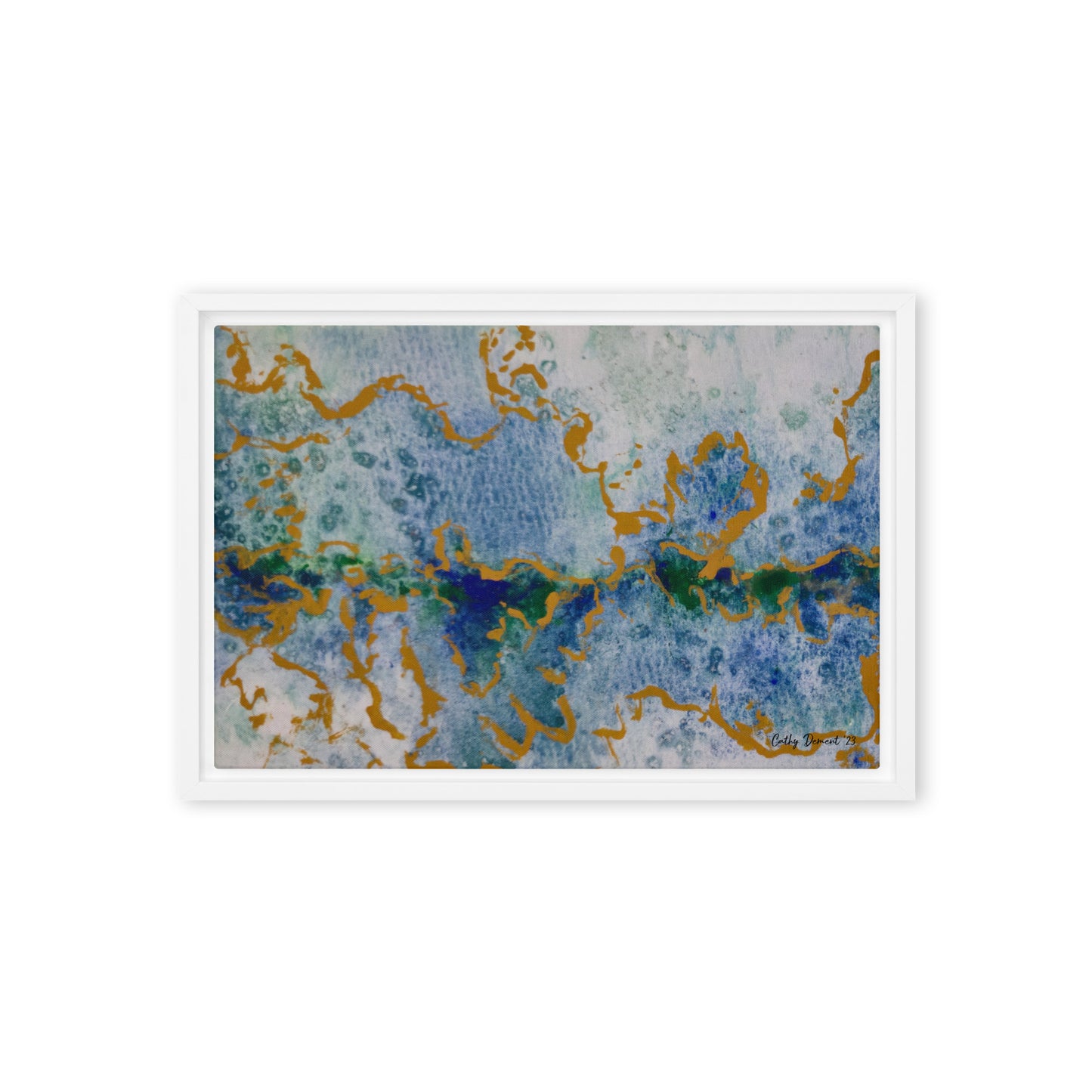 Framed Canvas Print - Celestial Dreamscape #2 - Abstract Watercolor, Blue, Green, and Gold Print, Wall Art