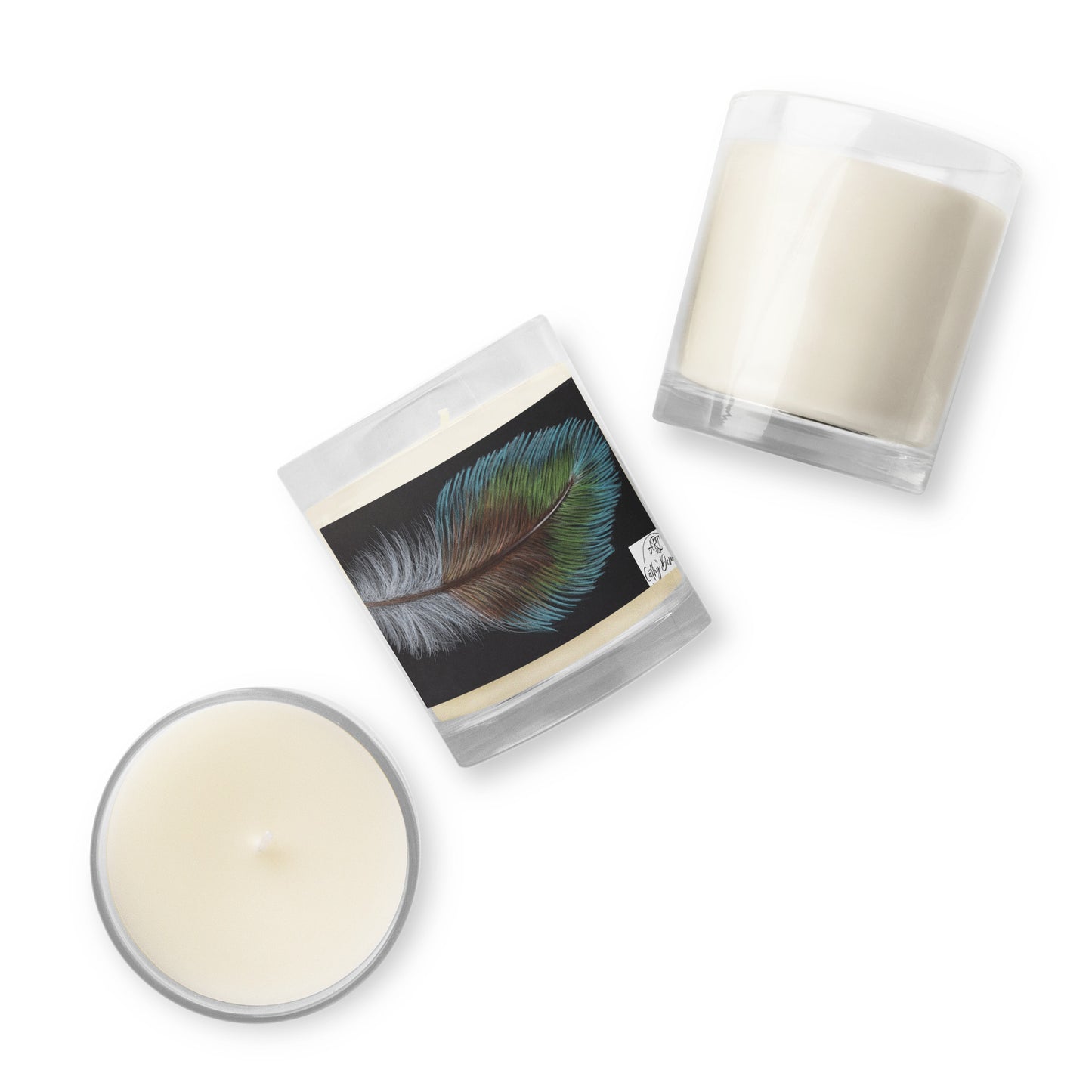 Prismacolor Plume: Colorful Feather Design on Glass jar soy wax candle