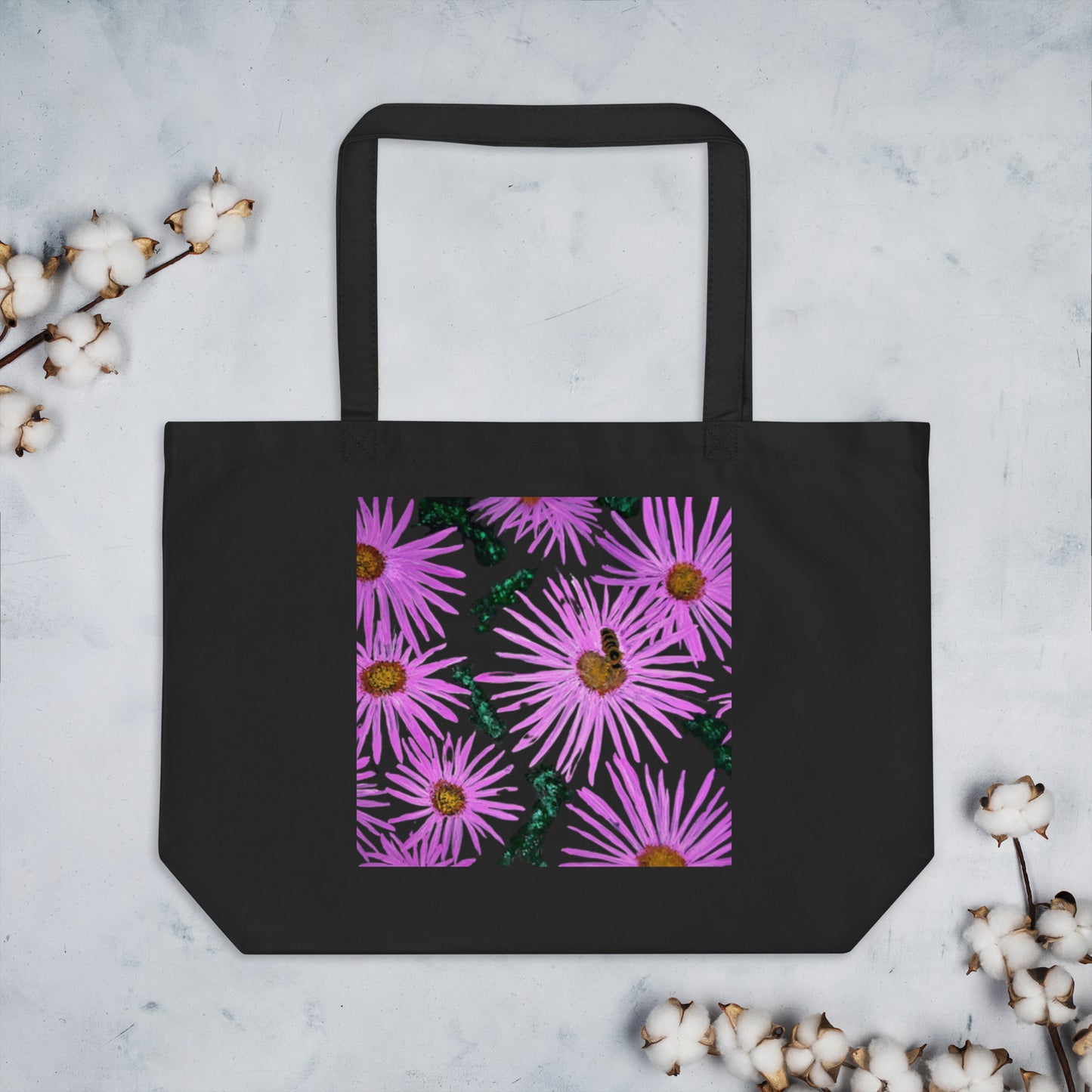 Large Organic Tote Bag - Purple Aster Flowers with Bee - Colorful Floral Artwork Design