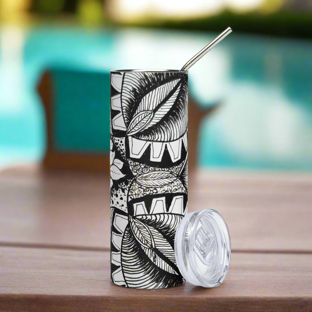 Stainless Steel Tumbler - Zen-dala, Monochrome Zentangle Floral Artwork, 20 Oz Cup with Straw and Lid
