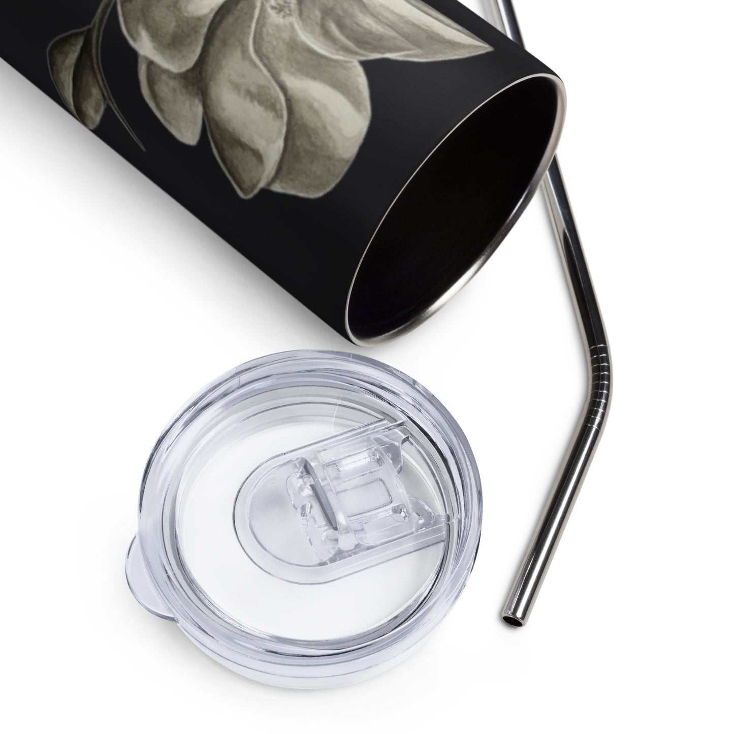 Stainless Steel Tumbler - Midnight Magnolias - Monochrome Floral Artwork Design