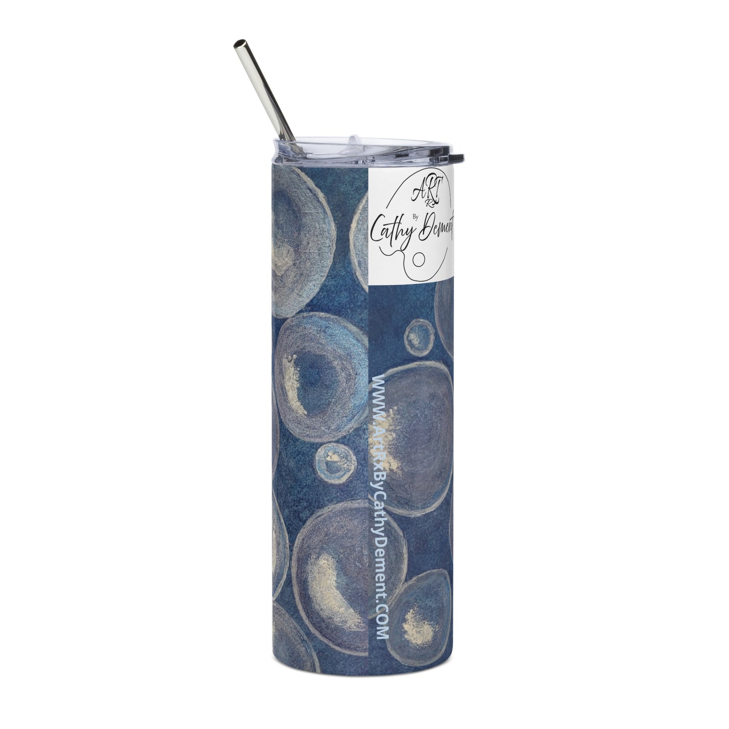 Stainless Steel Tumbler - Tranquil Reflections: Blue and White Reflective Bubble Design