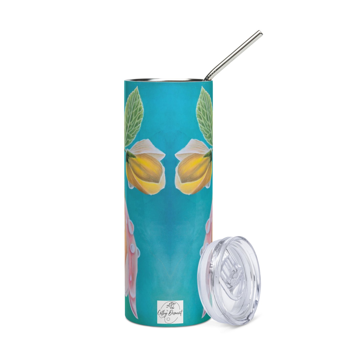 Stainless Steel Tumbler - Tickled Pink, Colorful Abutilon Flower Artwork, 20 Oz Cup with Straw and Lid