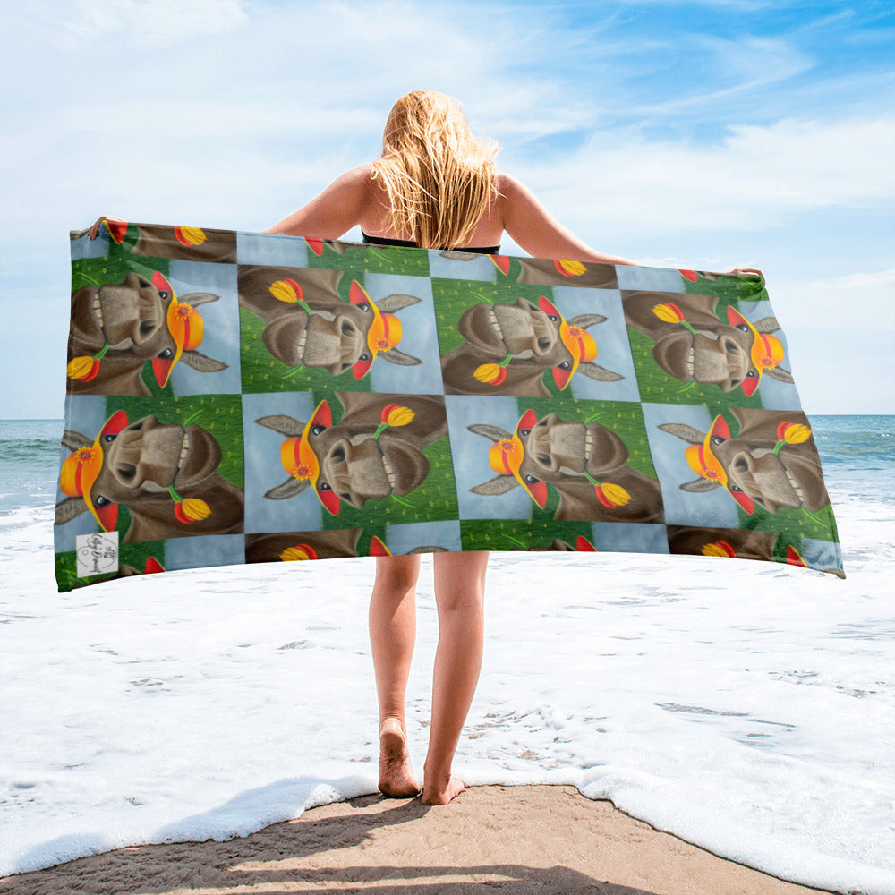 Beach Towel - The Tulip Thief - Whimsical Donkey In Floppy Hat Artwork