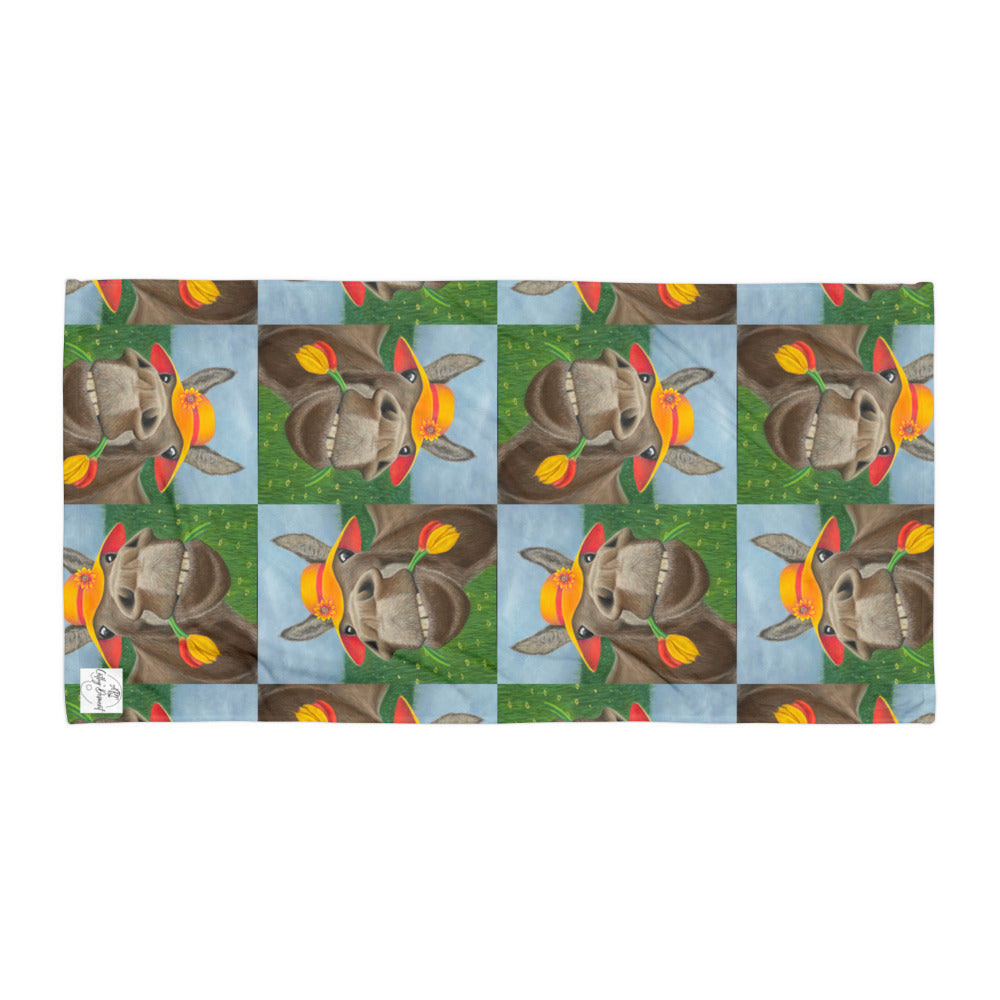 Beach Towel - The Tulip Thief - Whimsical Donkey In Floppy Hat Artwork