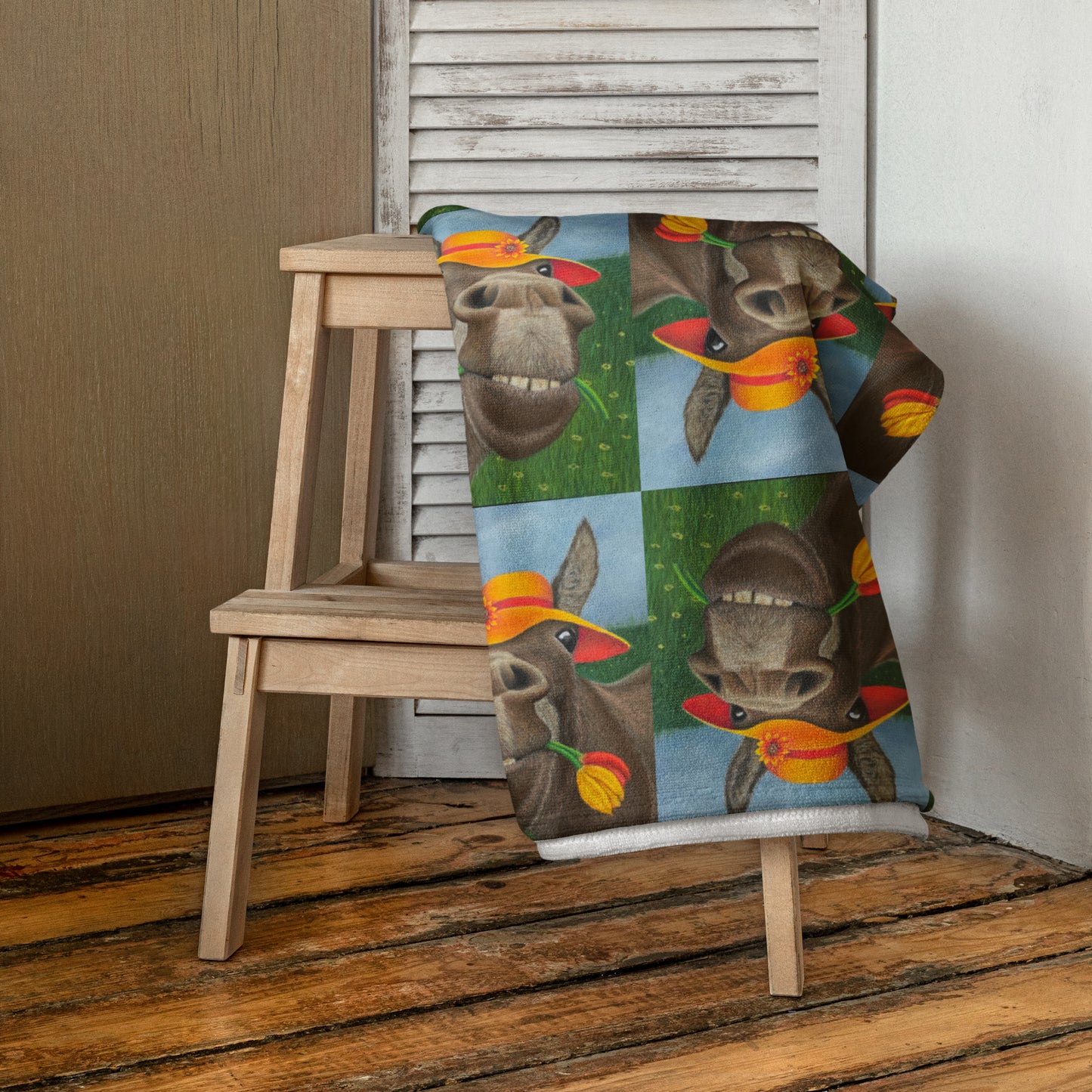 Beach Towel - The Tulip Thief - Whimsical Donkey In Floppy Hat Artwork