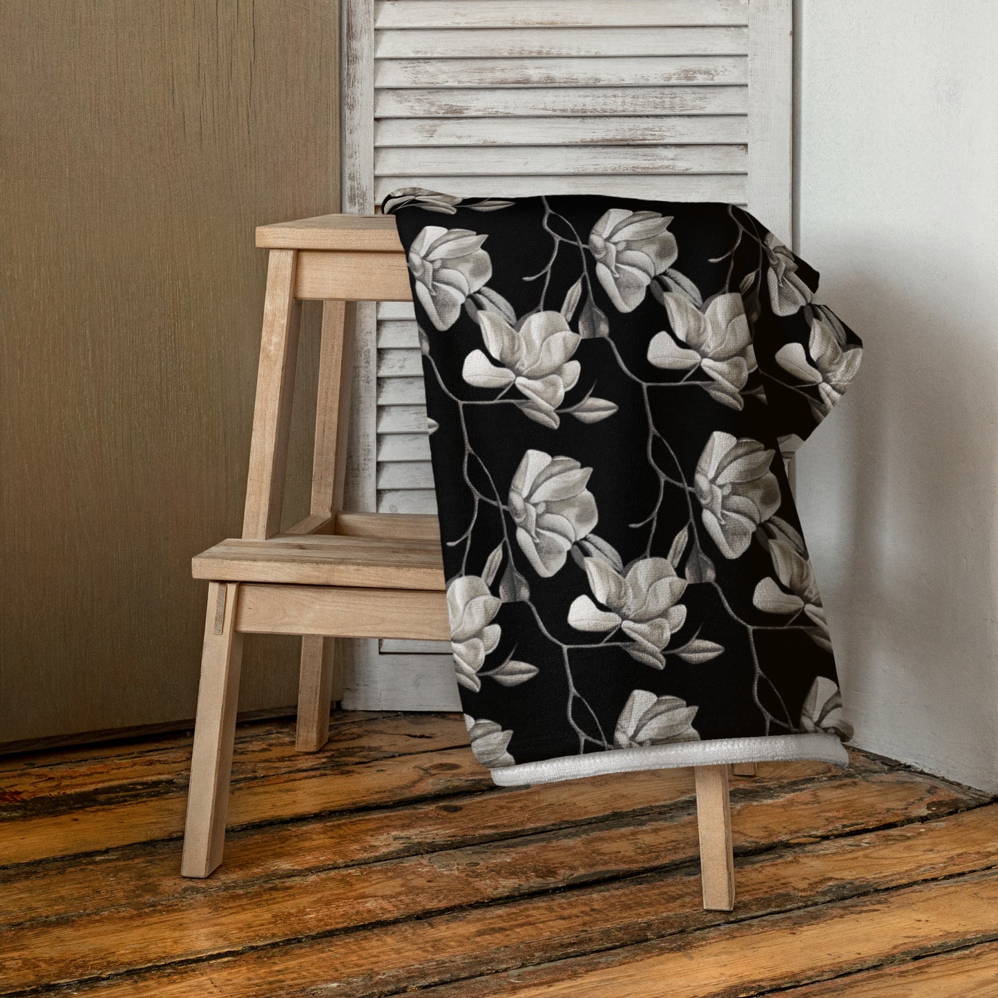 Beach Towel - Midnight Magnolias - Monochrome Black and White Magnolia Artwork Design