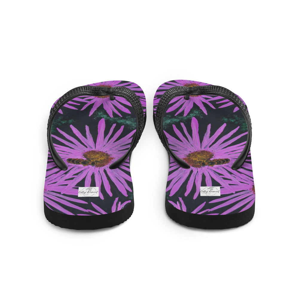 Flip-Flops - Purple Aster Flowers with Bee - Colorful Floral Artwork Design, Wearable Art Shoes