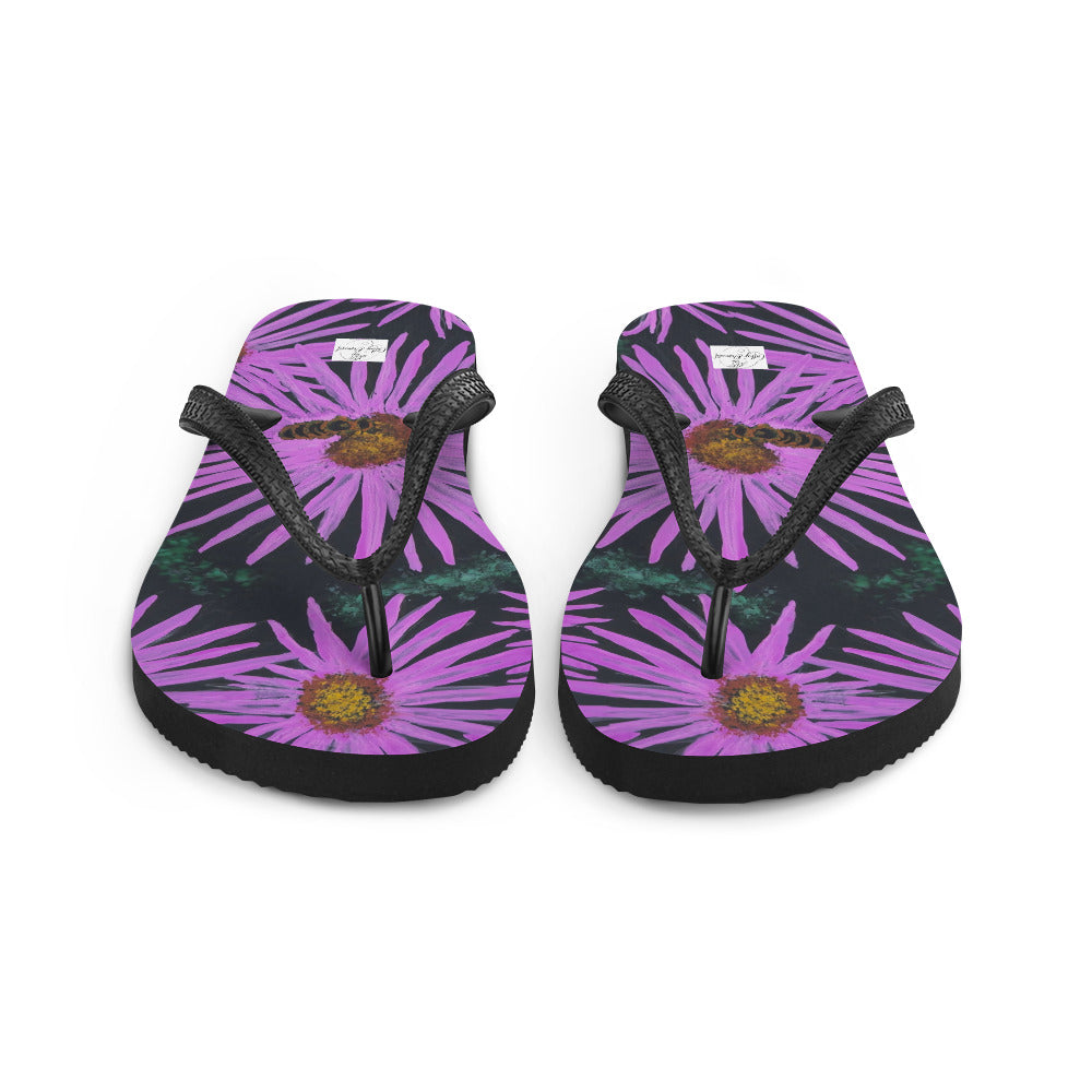 Flip-Flops - Purple Aster Flowers with Bee - Colorful Floral Artwork Design, Wearable Art Shoes