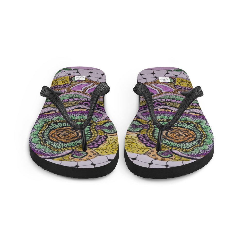 Flip-Flops - Zen Floral Bliss - Colorful Zentangle Abstract Artwork Design, Wearable Art Shoes
