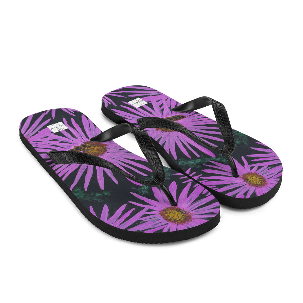 Flip-Flops - Purple Aster Flowers with Bee - Colorful Floral Artwork Design, Wearable Art Shoes