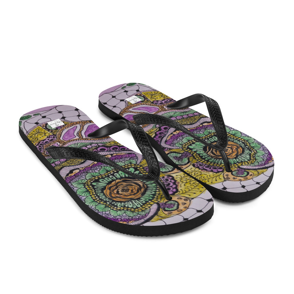 Flip-Flops - Zen Floral Bliss - Colorful Zentangle Abstract Artwork Design, Wearable Art Shoes
