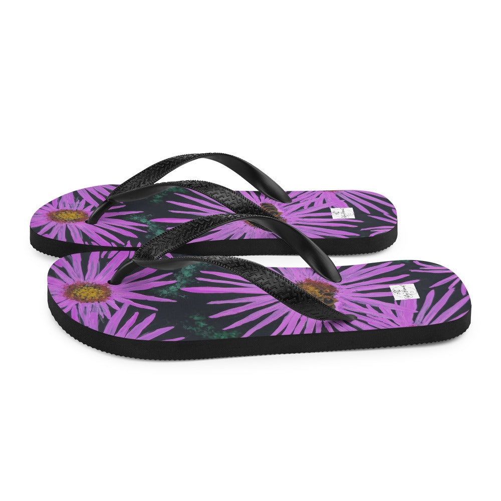 Flip-Flops - Purple Aster Flowers with Bee - Colorful Floral Artwork Design, Wearable Art Shoes