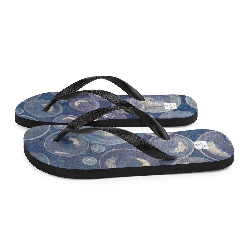 Flip-Flops - Tranquil Reflections - Colorful Blue and White Bubble Artwork Design, Wearable Art Shoes