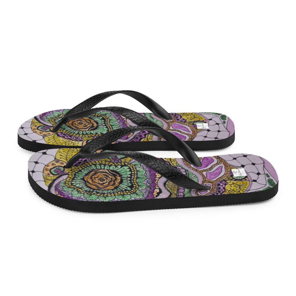 Flip-Flops - Zen Floral Bliss - Colorful Zentangle Abstract Artwork Design, Wearable Art Shoes