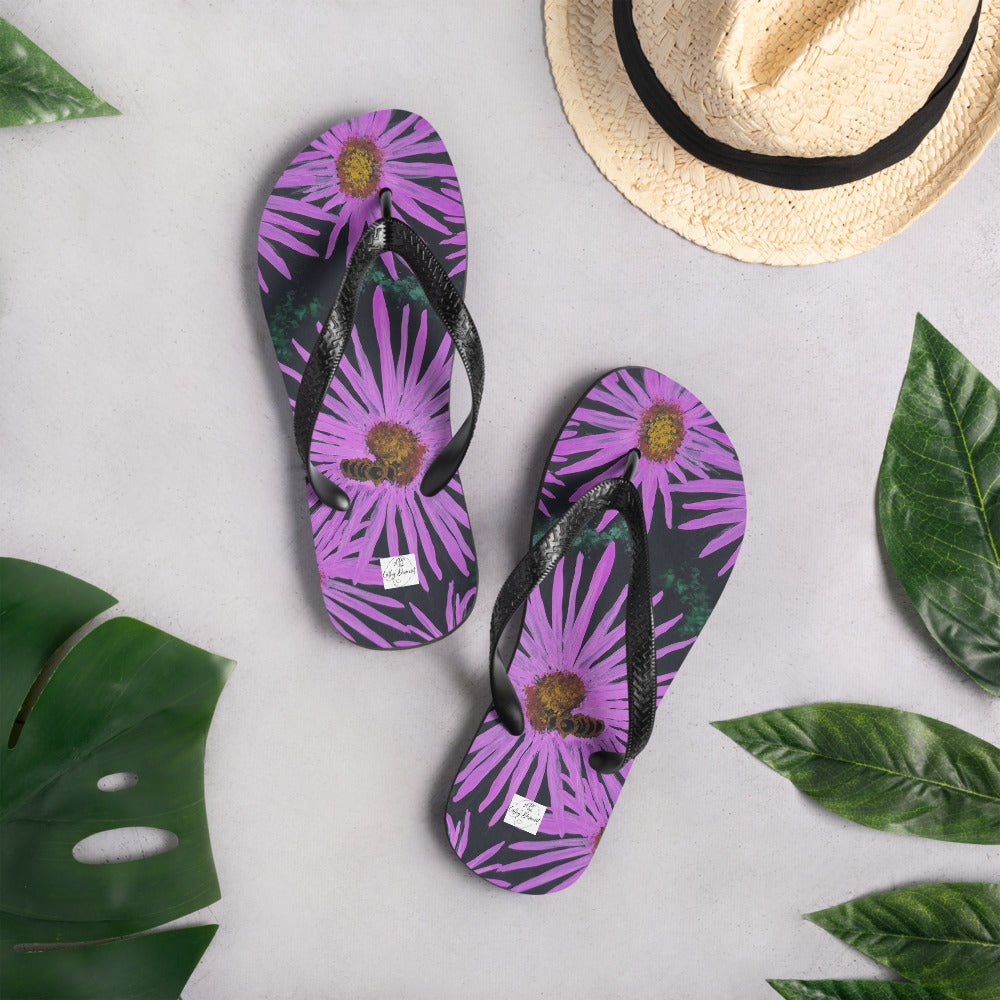 Flip-Flops - Purple Aster Flowers with Bee - Colorful Floral Artwork Design, Wearable Art Shoes