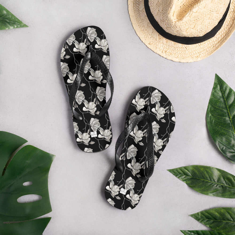 Flip-Flops - Midnight Magnolias - Monochrome Black and White Floral Artwork Design, Wearable Art Shoes