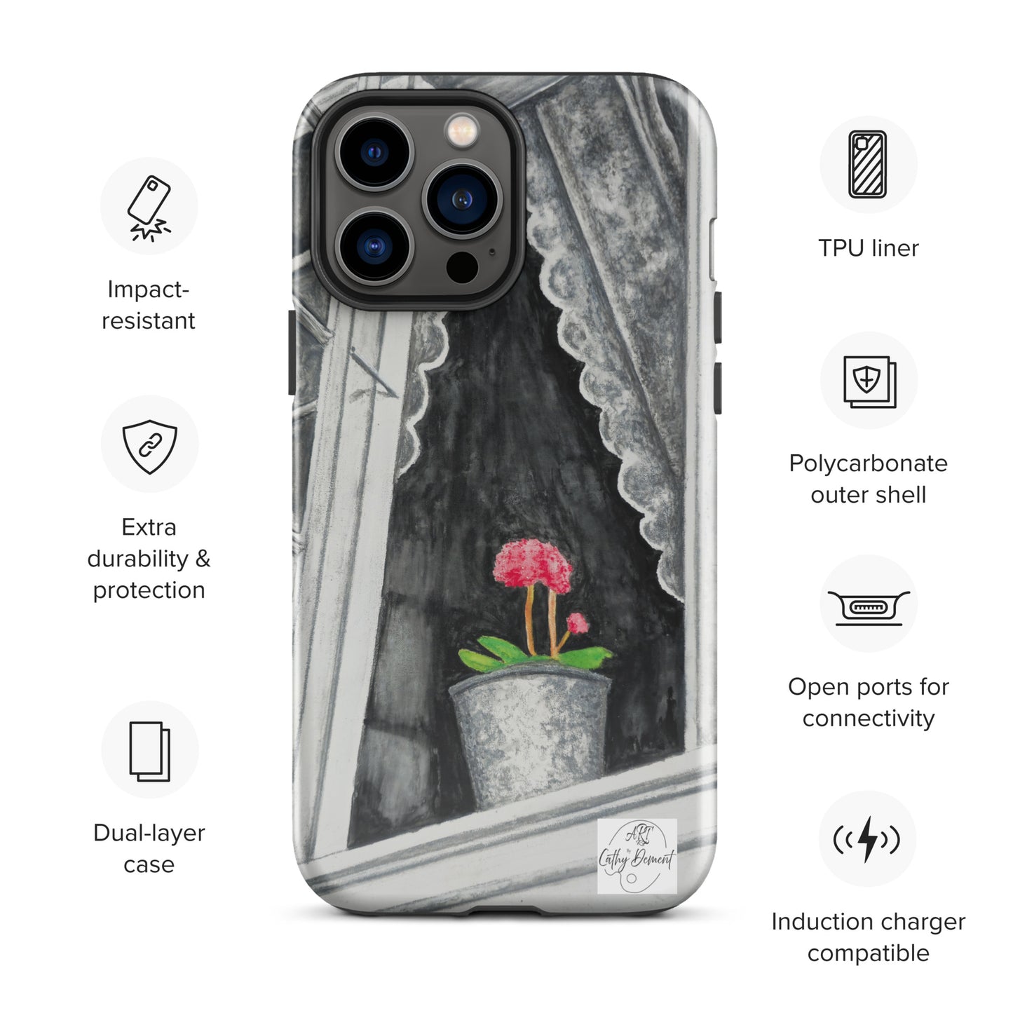Tough iPhone Case - Norway Monochrome Window Portrait with Pink Flower Artwork by Cathy Dement