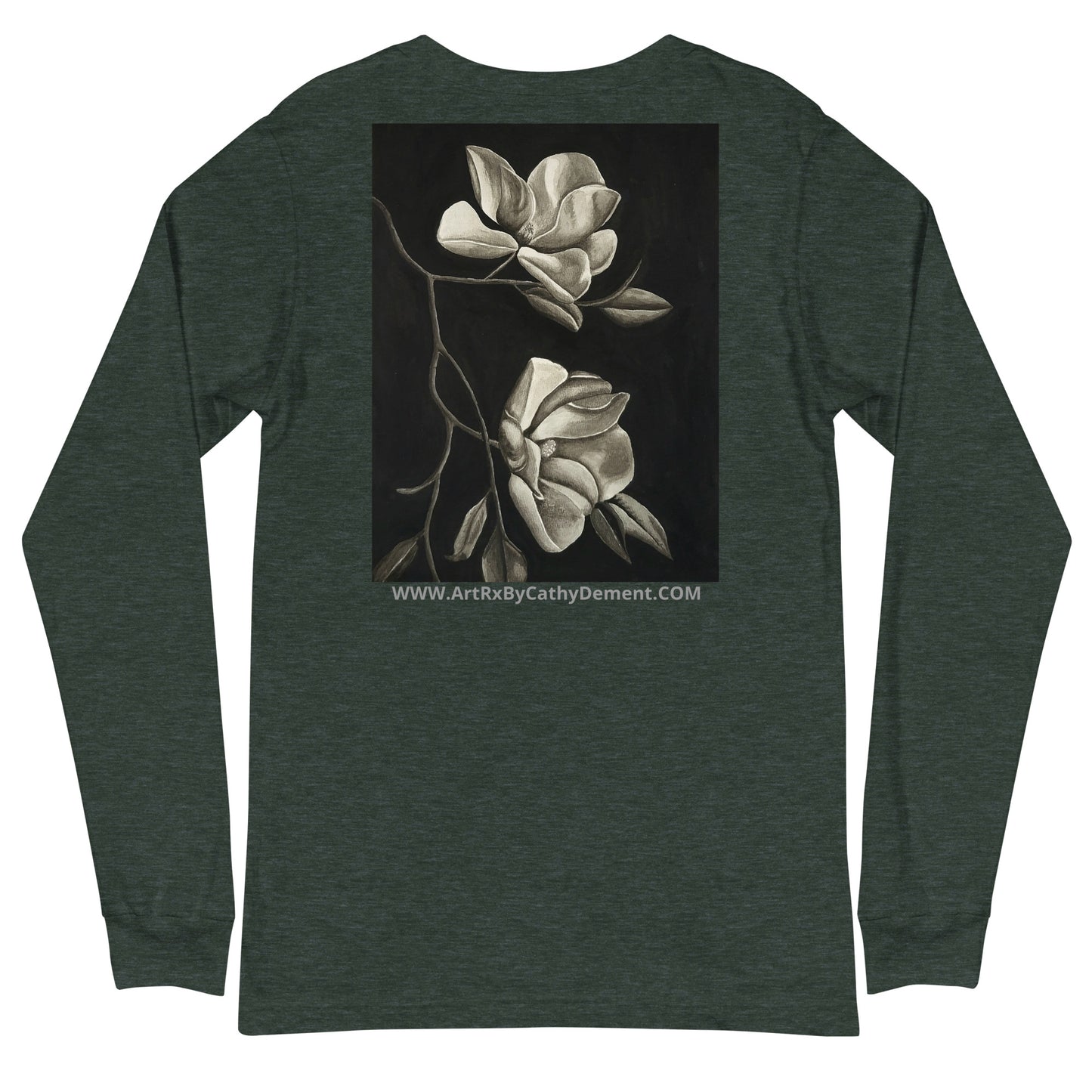 Long Sleeve Tee - Midnight Magnolias - Monochrome Floral Artwork Design, Wearable Art T-Shirt