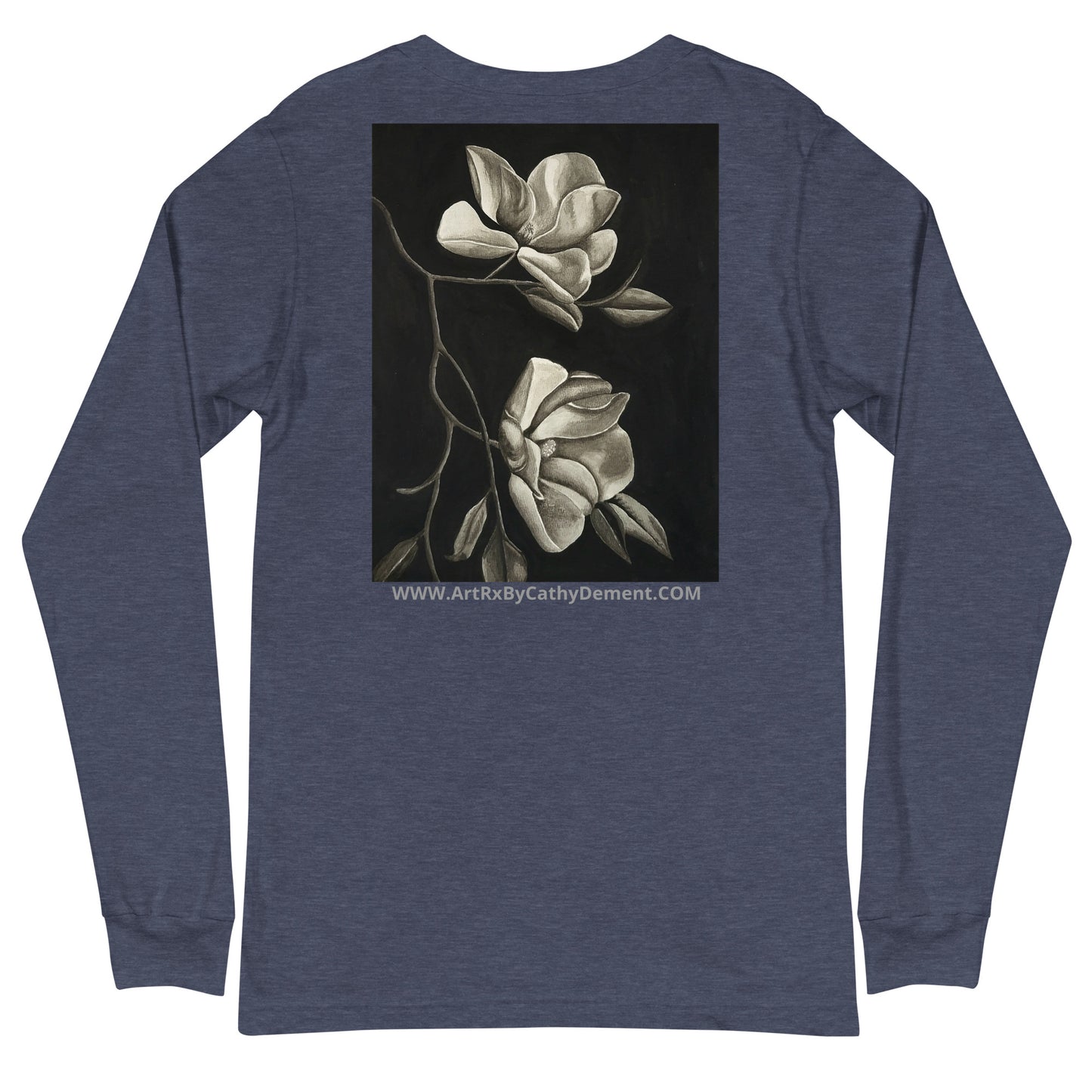 Long Sleeve Tee - Midnight Magnolias - Monochrome Floral Artwork Design, Wearable Art T-Shirt