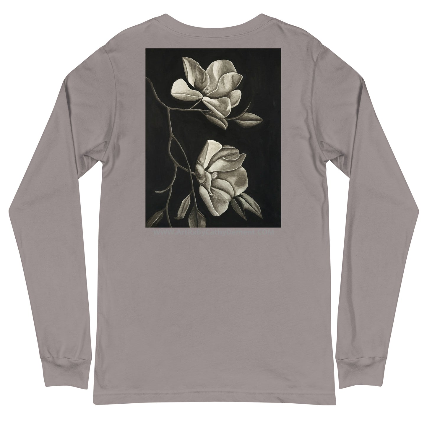 Long Sleeve Tee - Midnight Magnolias - Monochrome Floral Artwork Design, Wearable Art T-Shirt