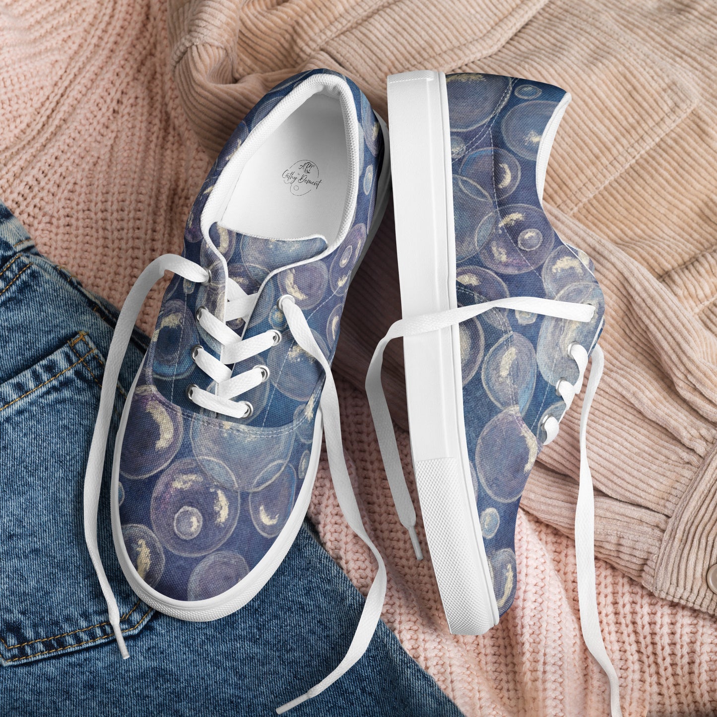 Women’s Lace-up Canvas Shoes - Tranquil Reflections: Blue and White Reflective Bubble Design Sneakers