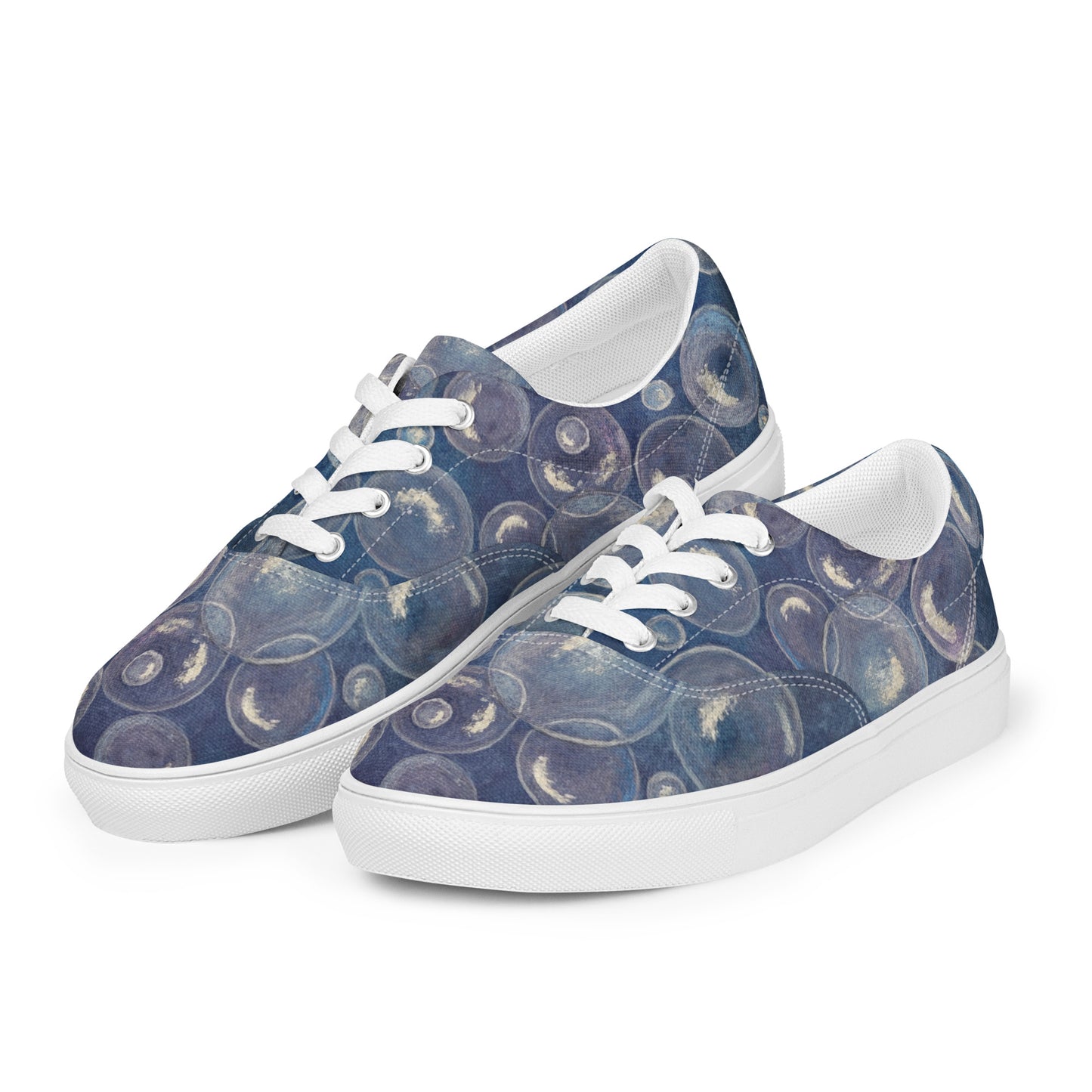Women’s Lace-up Canvas Shoes - Tranquil Reflections: Blue and White Reflective Bubble Design Sneakers