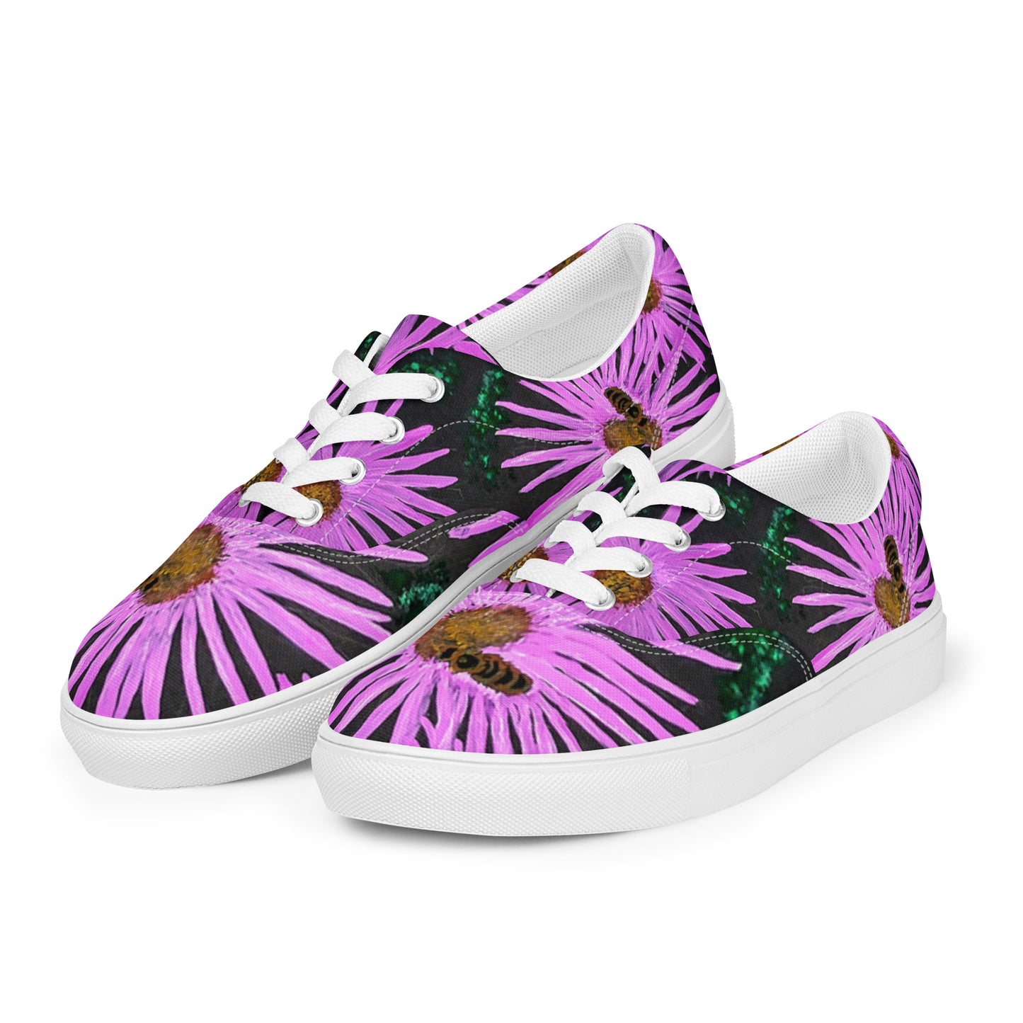 Women’s lace-up Canvas Shoes - Purple Aster Flowers with Bee Artwork, Floral Art