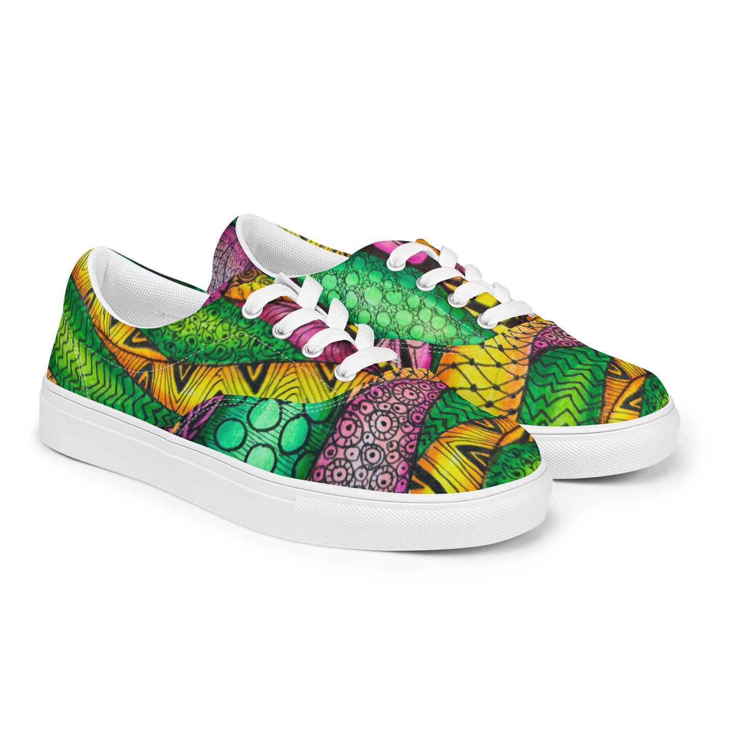 Women’s Lace-up Canvas Shoes - Zen Bloom - Colorful Zentangle Artwork Design