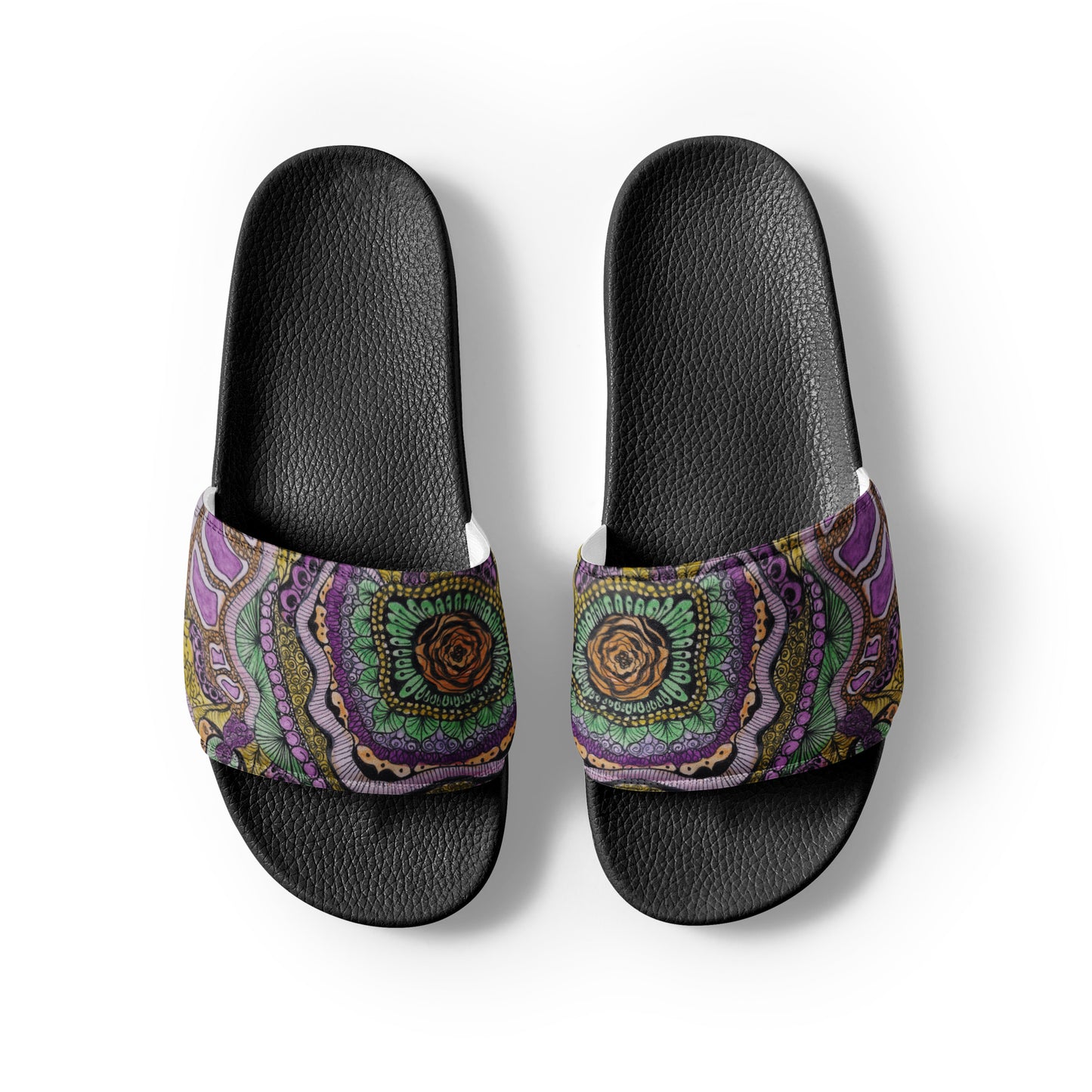 Women's Slides - Zen Floral Bliss - Colorful Zentangle Artwork Design Sandals, Wearable Art Shoes