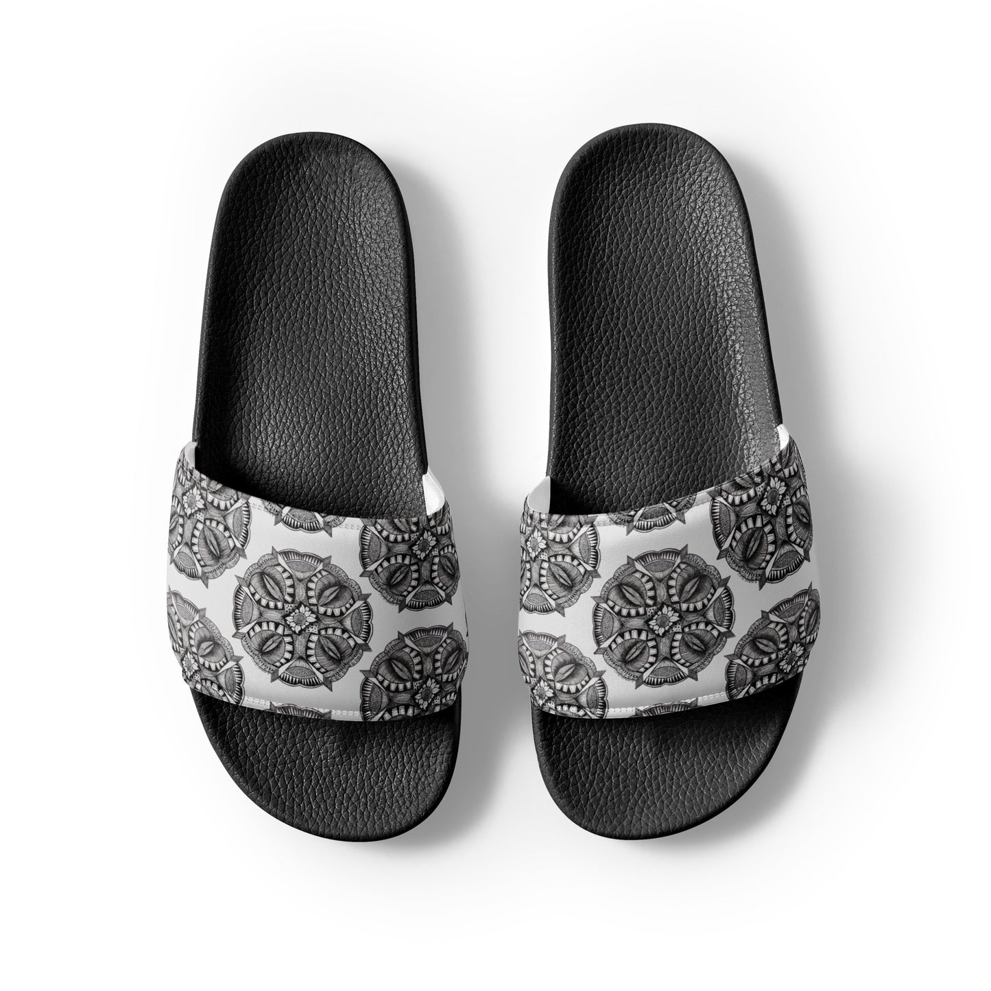 Women's Slides - Zen-Dala - Monochrome Mandala Zentangle Artwork Design Sandals, Wearable Art Shoes