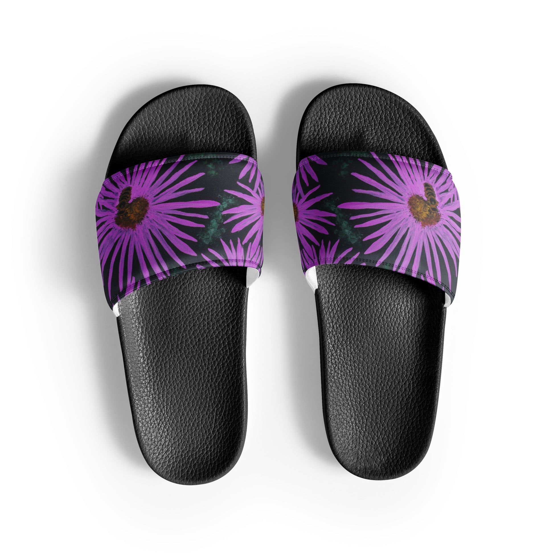 Women's Slides - Purple Aster Flowers with Bee - Colorful Floral Artwork Design Sandals, Wearable Art Shoes