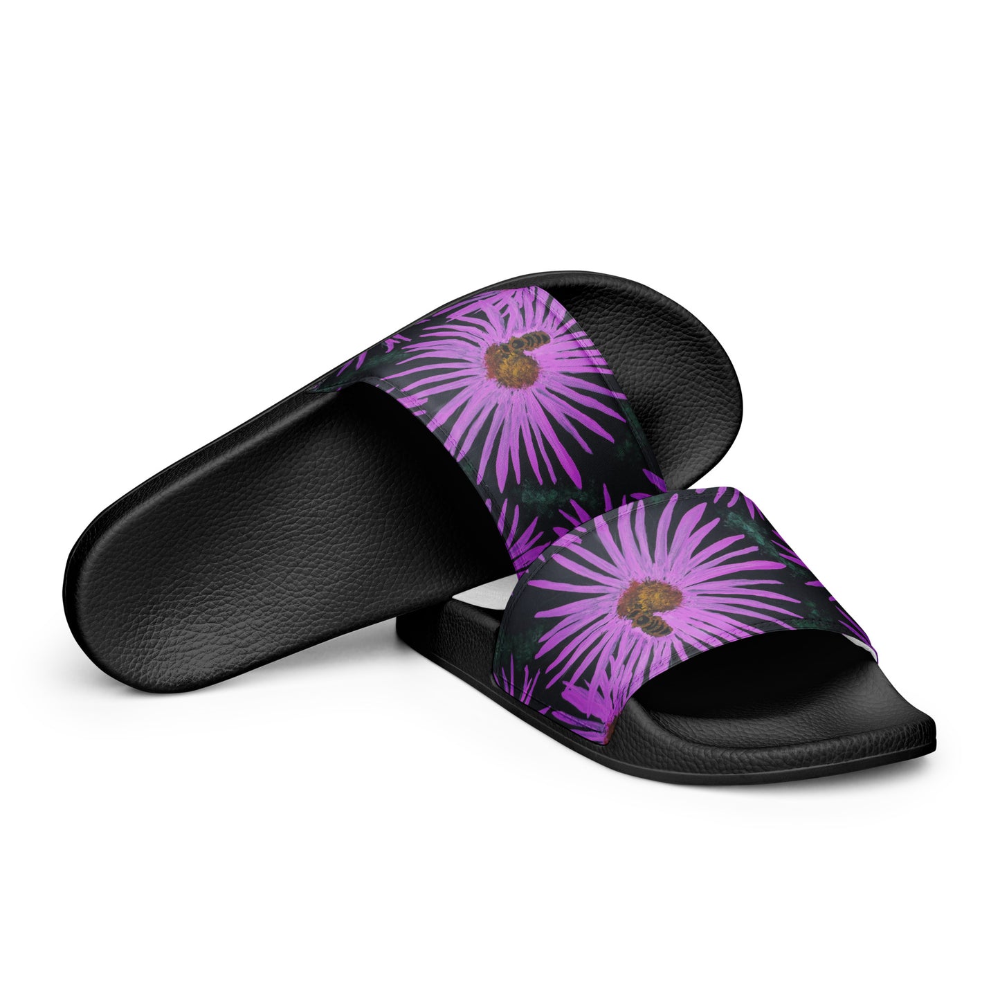 Women's Slides - Purple Aster Flowers with Bee - Colorful Floral Artwork Design Sandals, Wearable Art Shoes