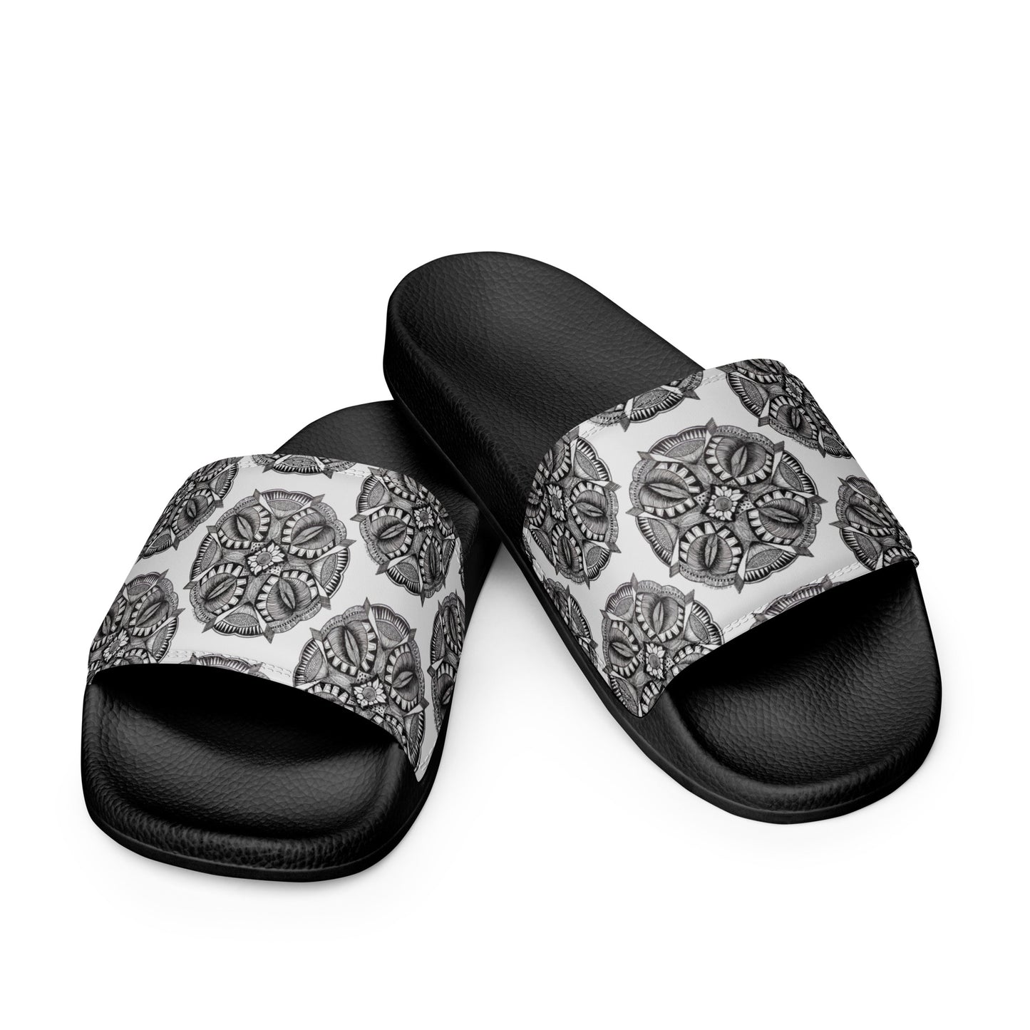 Women's Slides - Zen-Dala - Monochrome Mandala Zentangle Artwork Design Sandals, Wearable Art Shoes