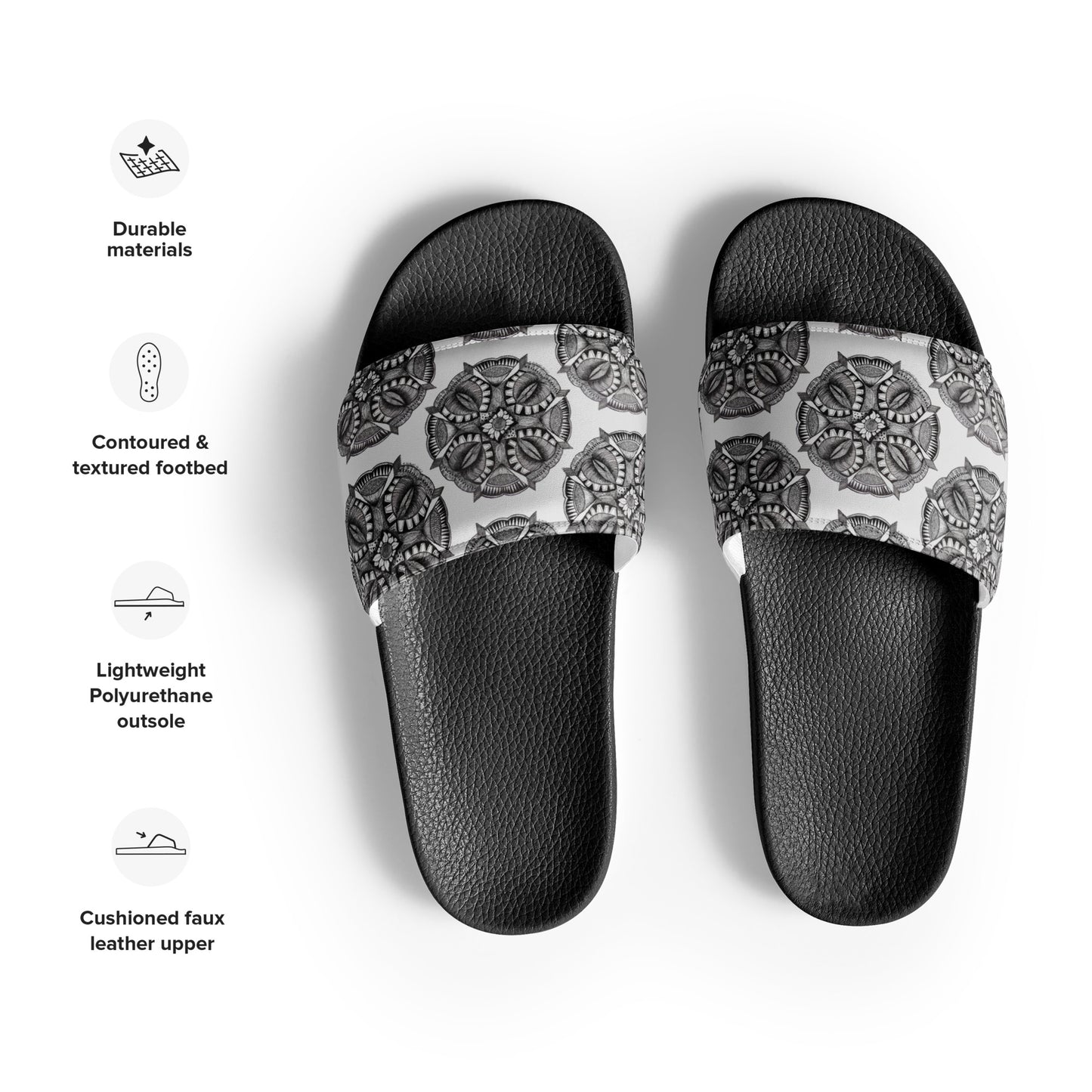 Women's Slides - Zen-Dala - Monochrome Mandala Zentangle Artwork Design Sandals, Wearable Art Shoes