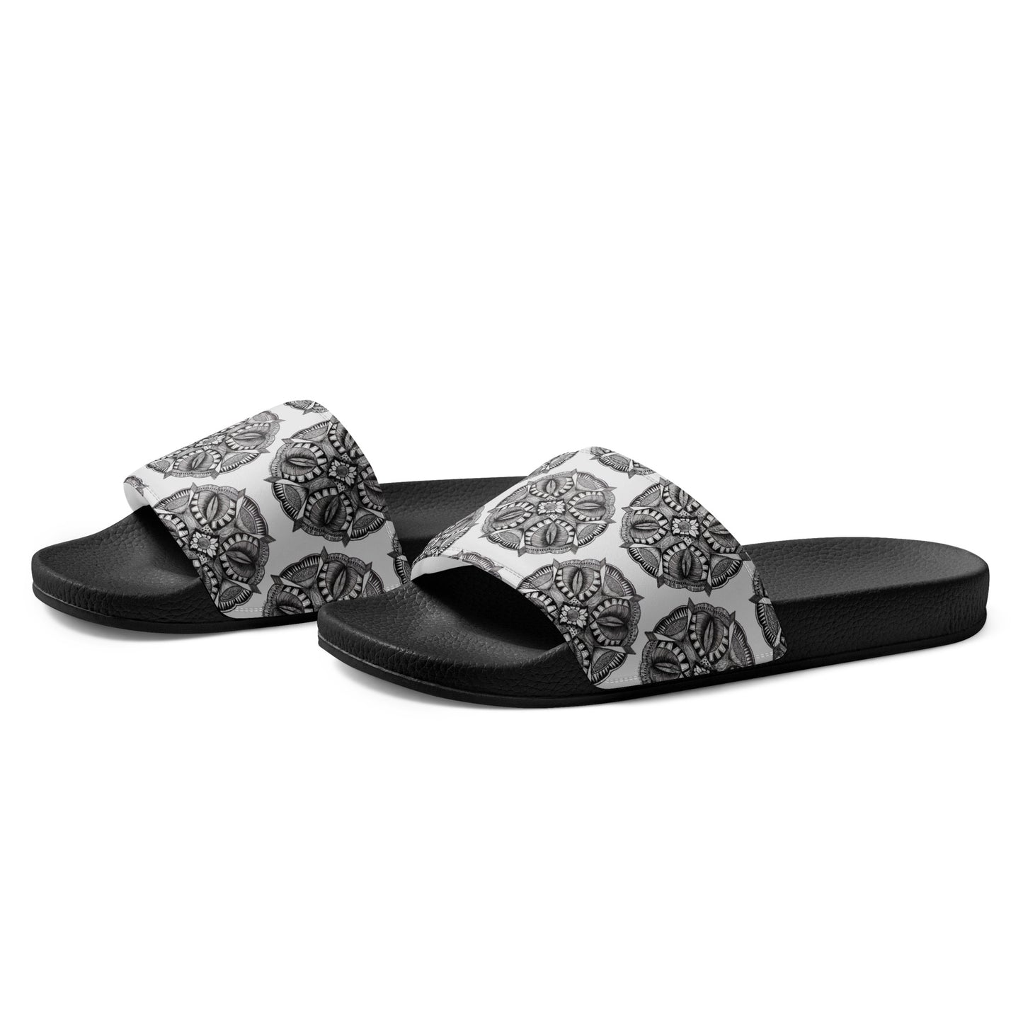 Women's Slides - Zen-Dala - Monochrome Mandala Zentangle Artwork Design Sandals, Wearable Art Shoes