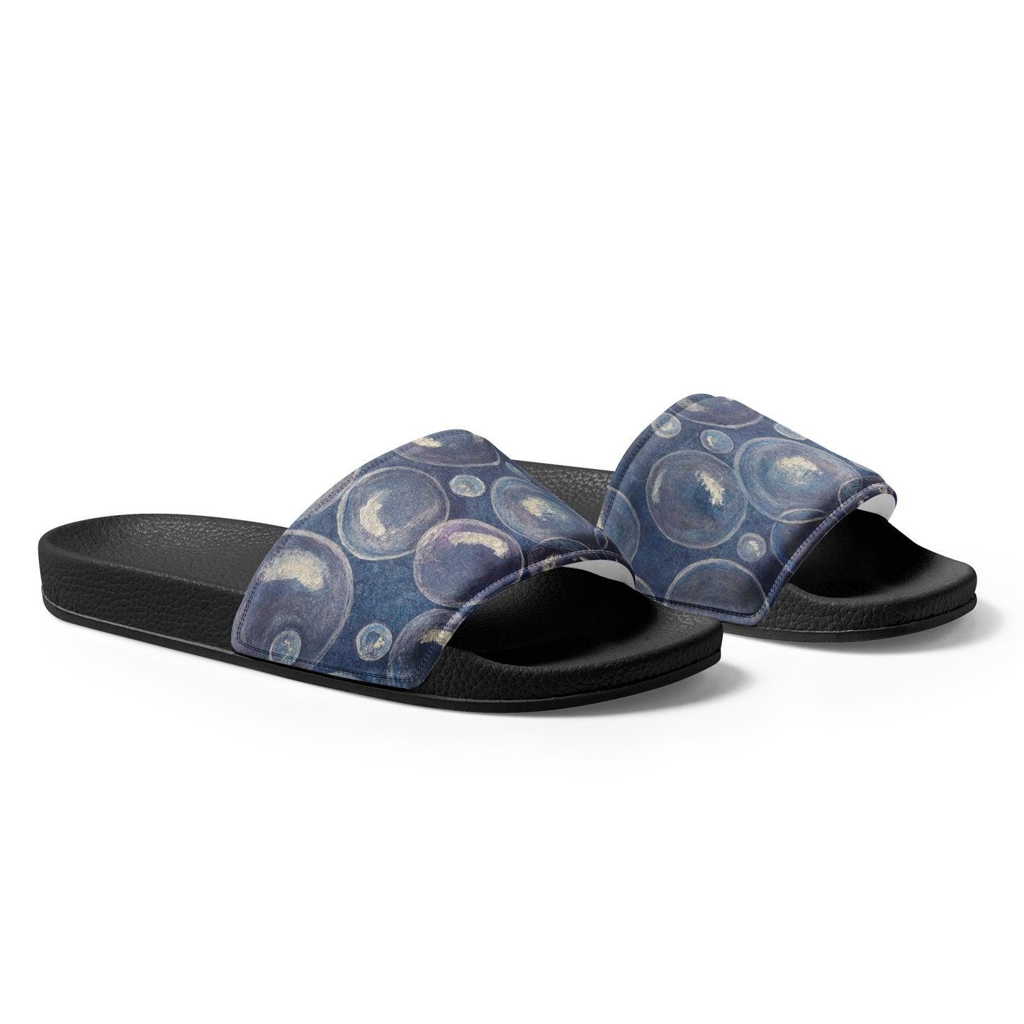 Women's Slides - Tranquil Reflections - Colorful Blue and White Bubble Artwork Design Sandals, Wearable Art Shoes