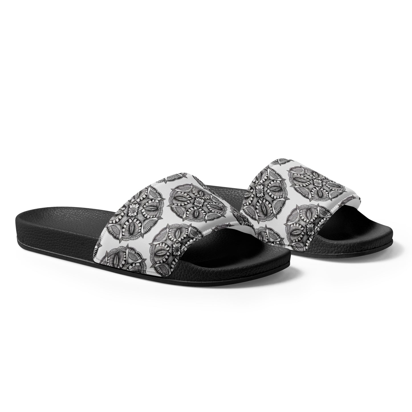 Women's Slides - Zen-Dala - Monochrome Mandala Zentangle Artwork Design Sandals, Wearable Art Shoes