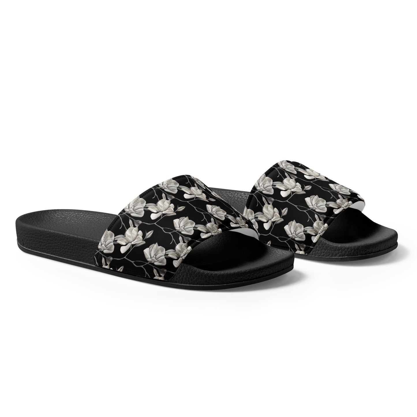 Women's Slides - Midnight Magnolias - Monochrome Black and White Floral Artwork Design Sandals, Wearable Art Shoes