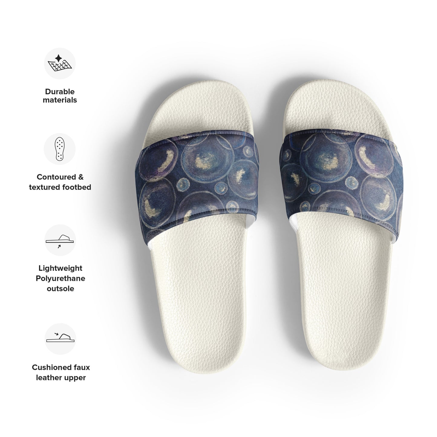 Women's Slides - Tranquil Reflections - Colorful Blue and White Bubble Artwork Design Sandals, Wearable Art Shoes