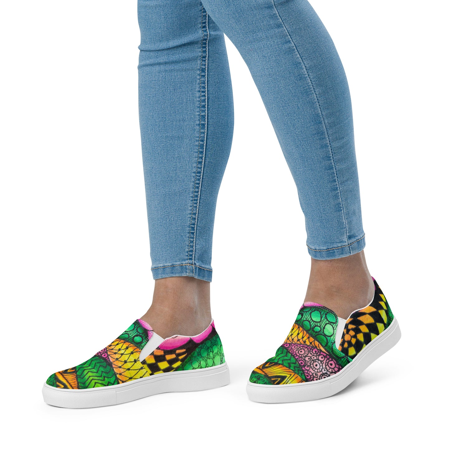 Women’s Slip-on Canvas Shoes - Zen Bloom - Colorful Zentangle Artwork Design