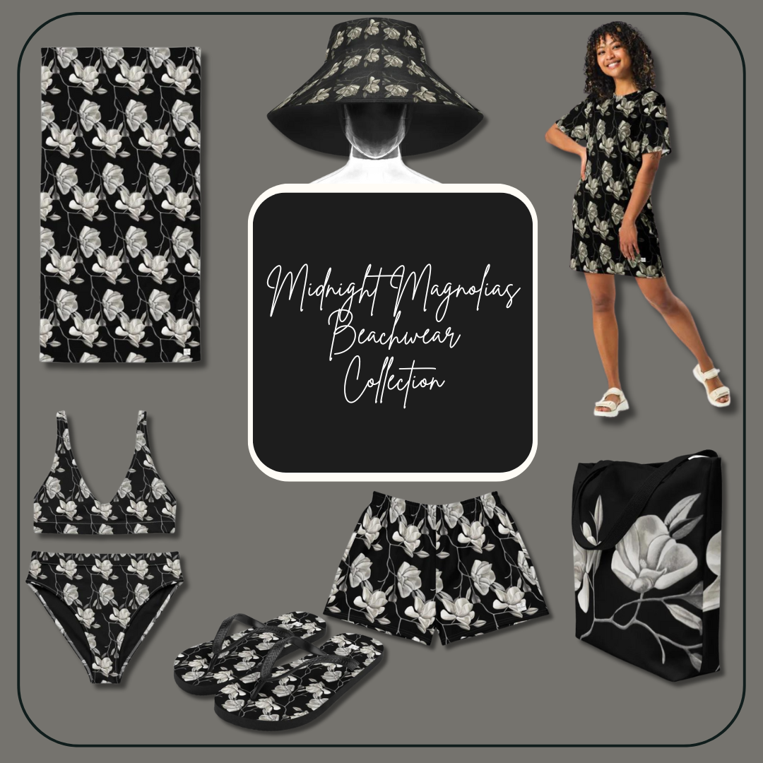 Midnight Magnolias Beachwear Collection – Monochrome Floral Art