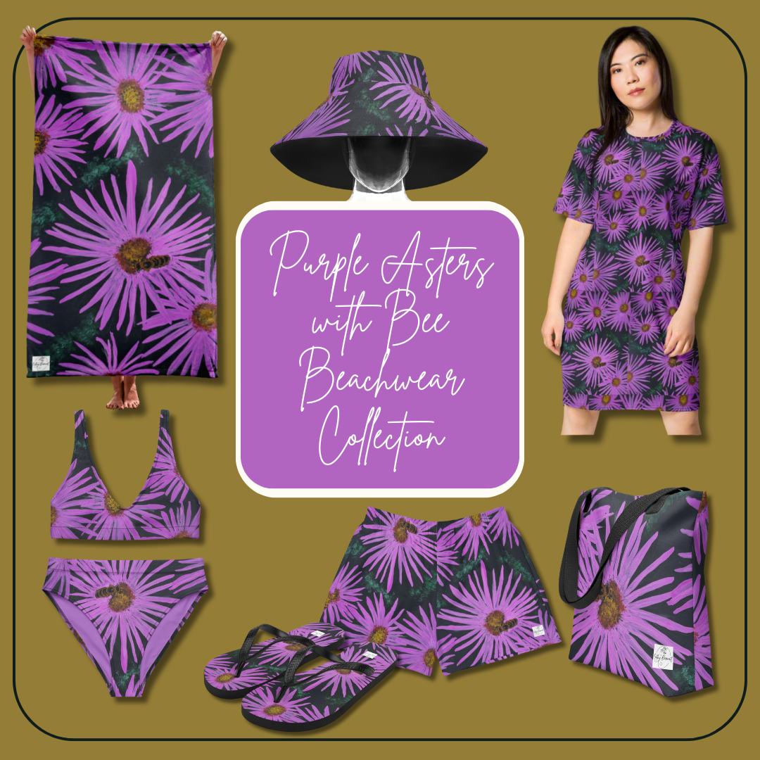 Purple Aster Flowers with Bee Beachwear Collection